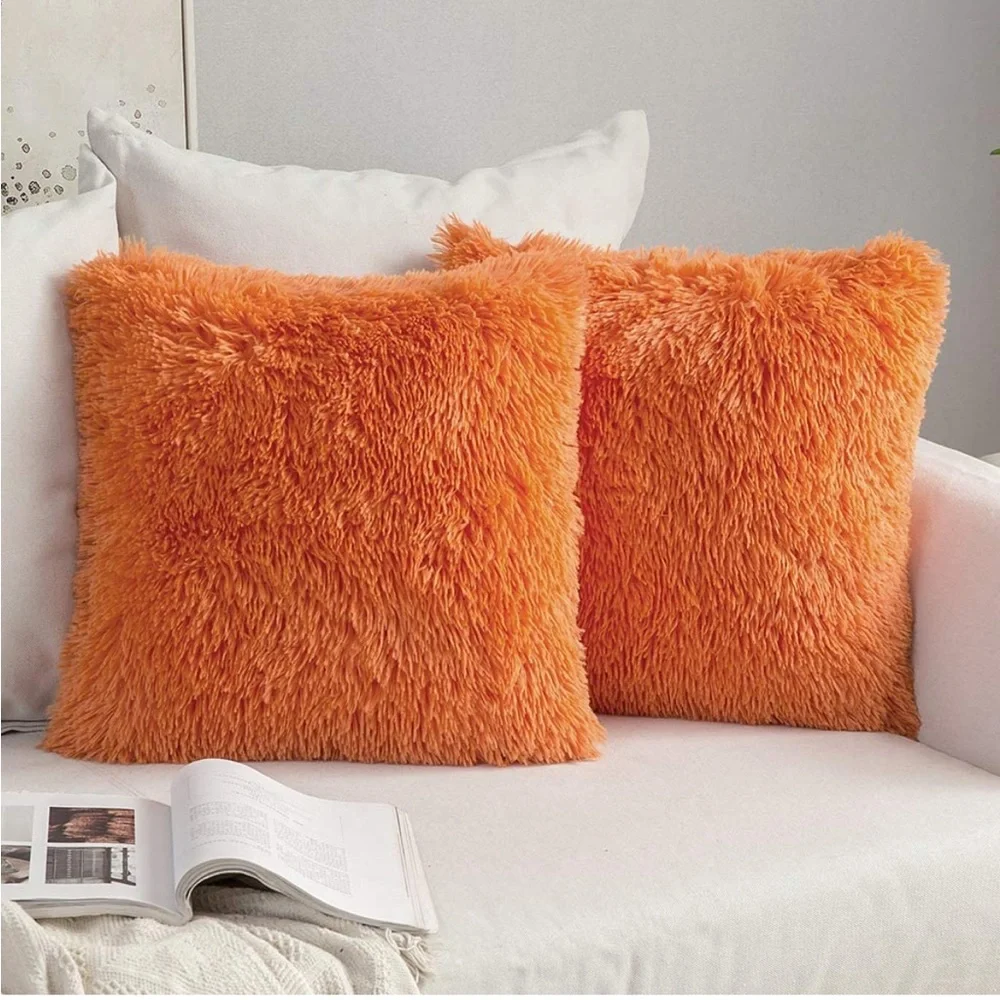 Luxury Home | Chic Bright Orange Soft Plush Faux Fur Throw Pillow Covers